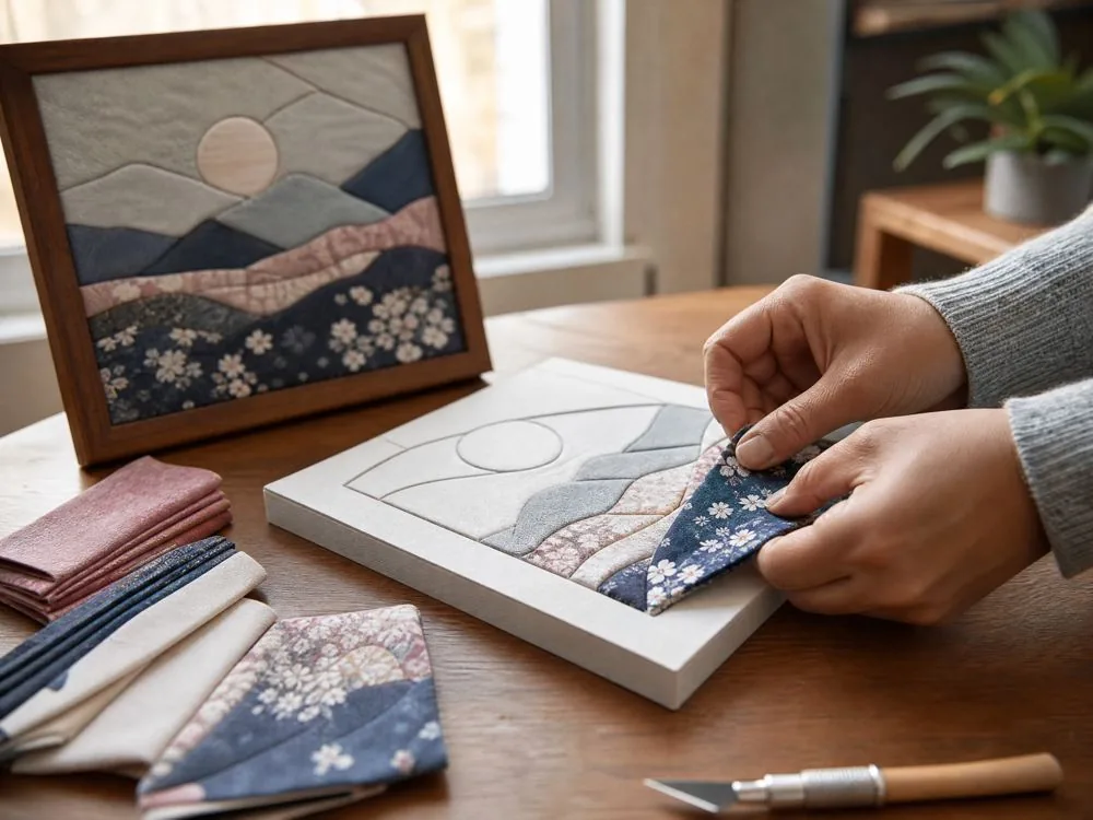 Hands tucking fabric into a Kinusaiga foam board template